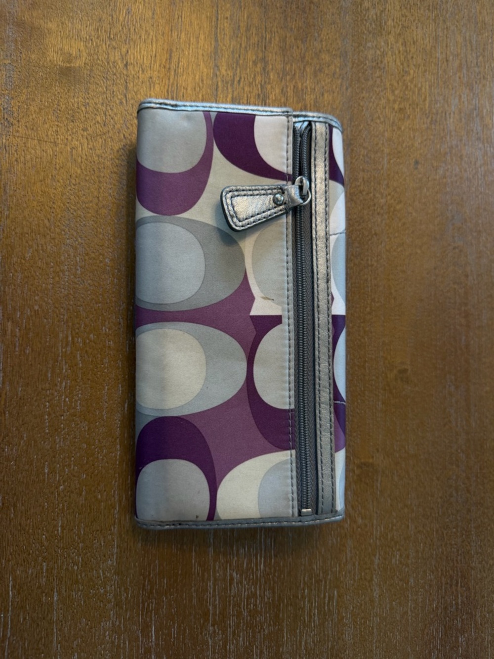 Coach Signature Jacquard Buckle Flap Wallet Purple Grey Silver Metallic Leather - Picture 2 of 4